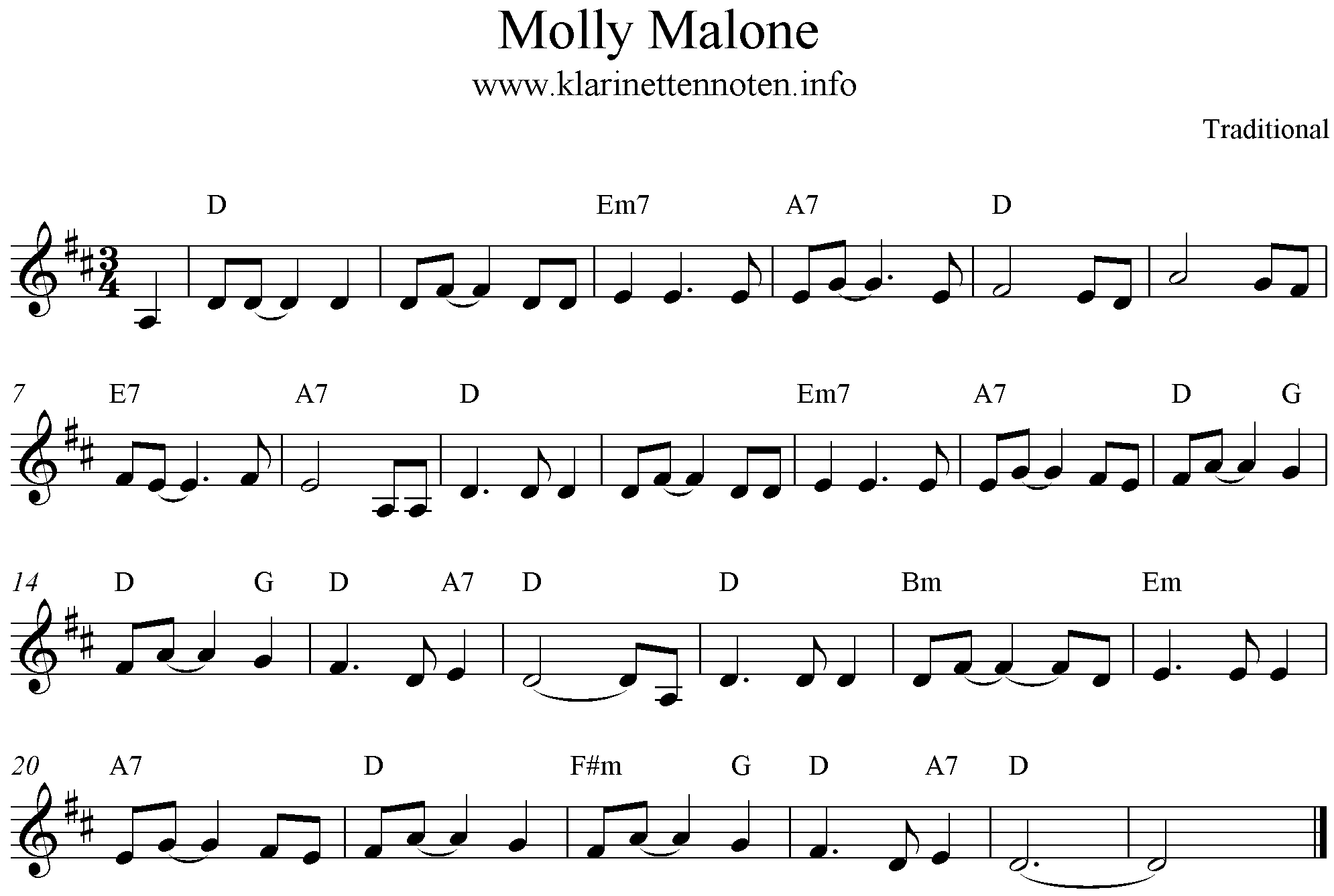 Molly Malone score for Clarinet D-Major